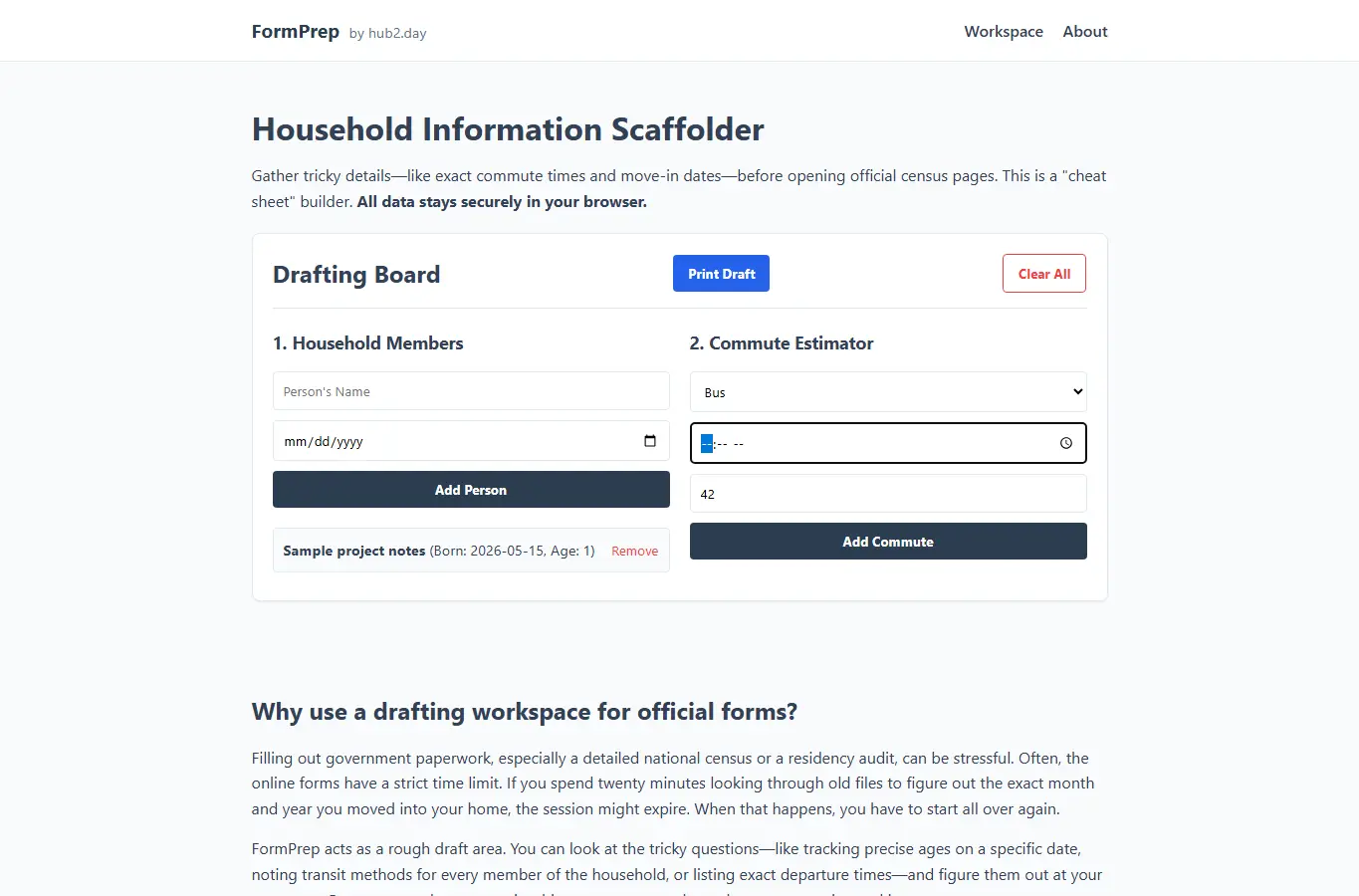 Screenshot of FormPrep: Household Information Scaffolder interface showing the project page in use